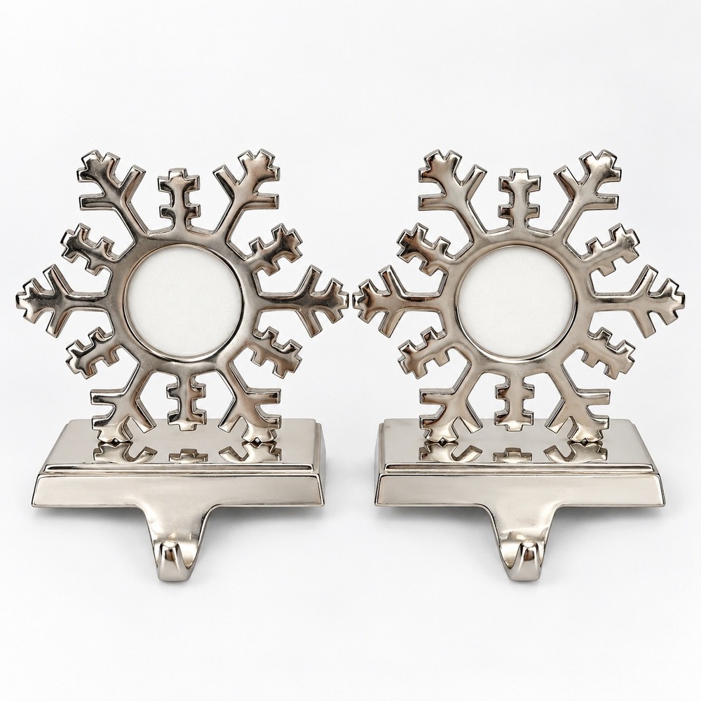 Silver Snowflake Photo Frame Christmas Stocking Holder Set of 2 Weighted Metal